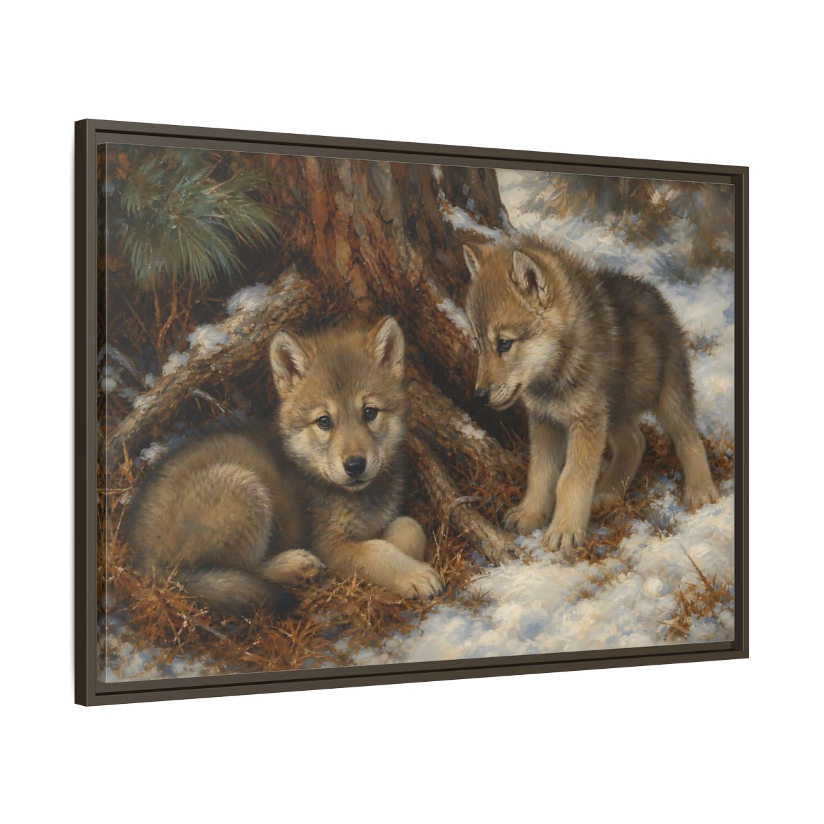 Main Mockup. Animals Wolf Cubs Wolf Cubs Winter shown as stretched canvas wall art