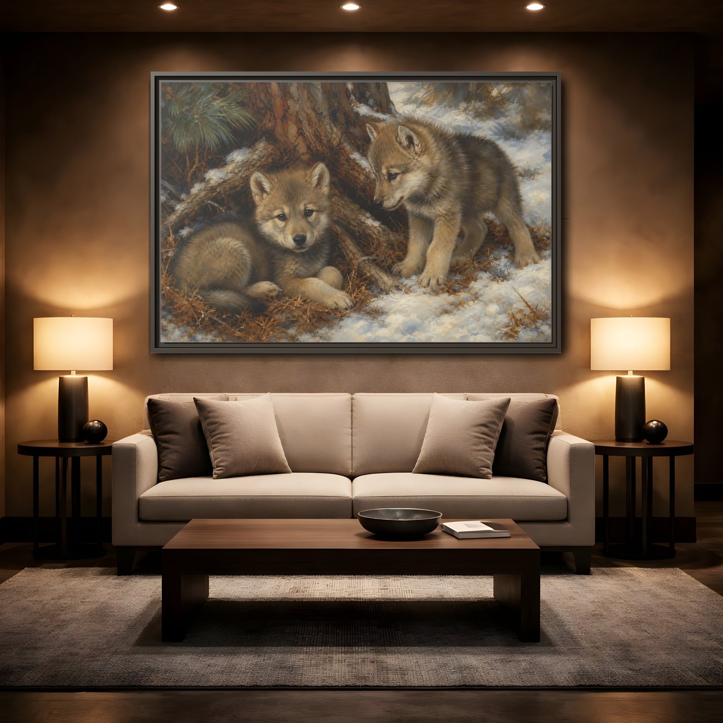 Mockup 2. Animals Wolf Cubs Wolf Cubs Winter shown as stretched canvas wall art