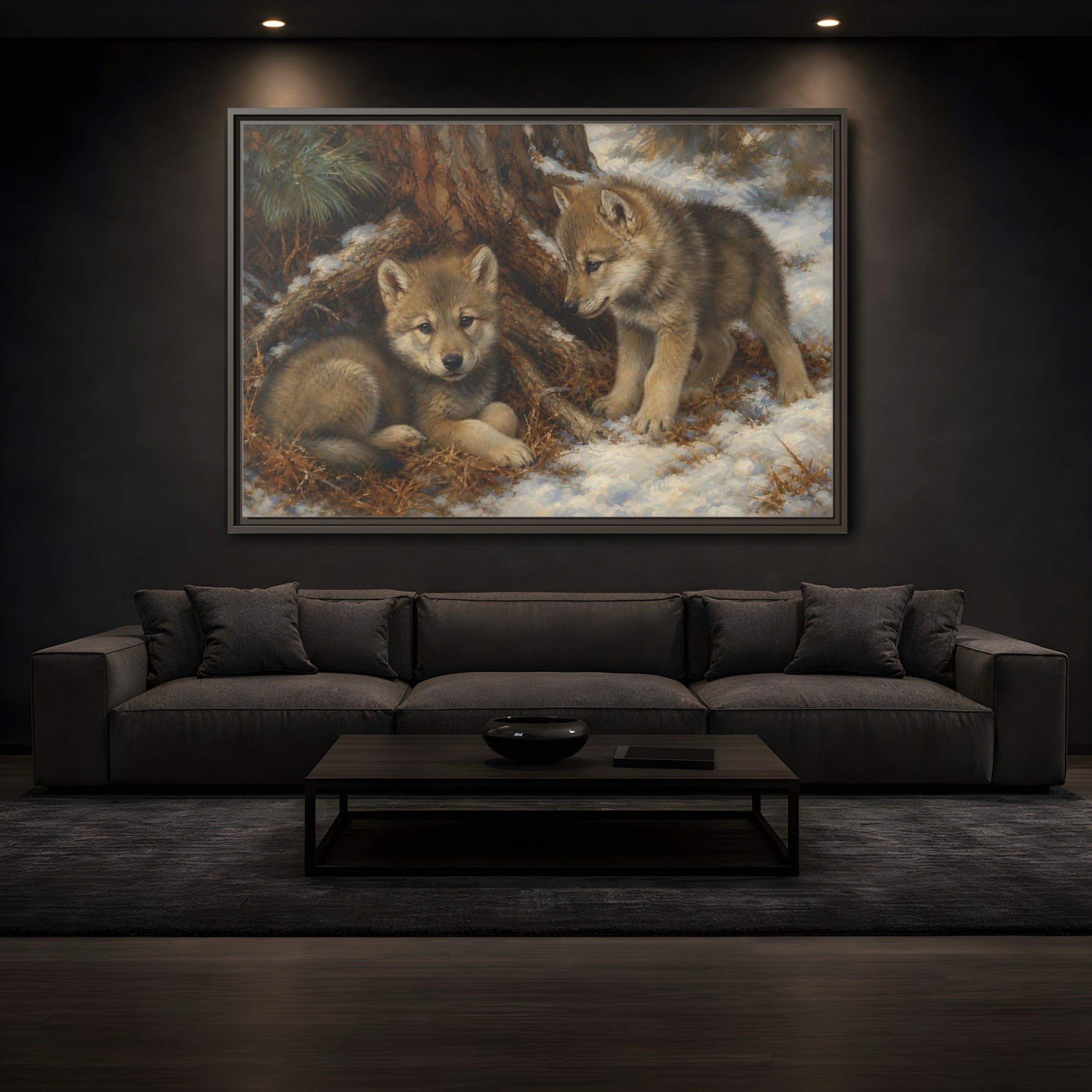 Mockup 3. Animals Wolf Cubs Wolf Cubs Winter shown as stretched canvas wall art