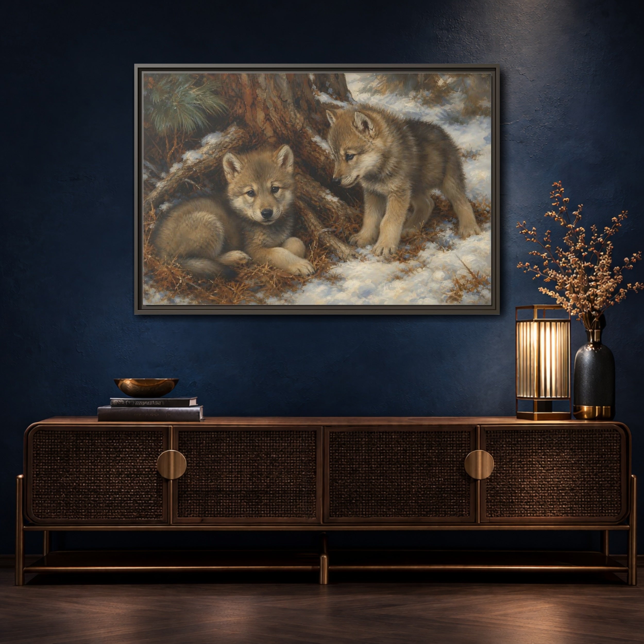 Mockup 4. Animals Wolf Cubs Wolf Cubs Winter shown as stretched canvas wall art