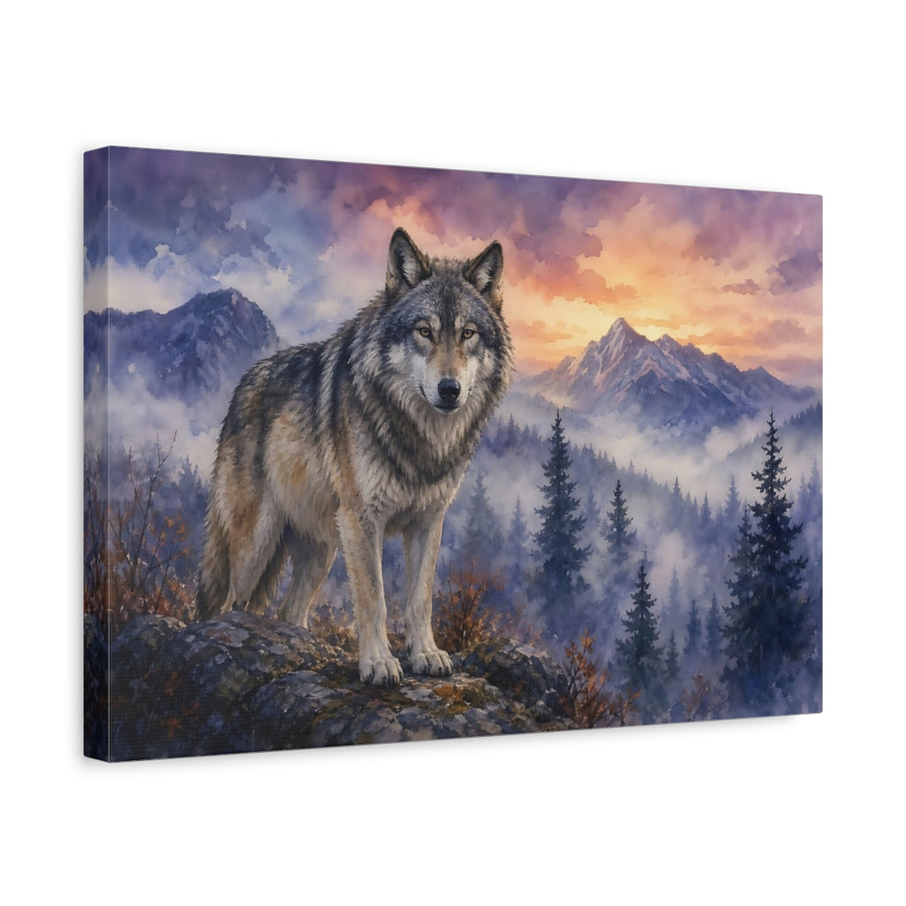 Side Mockup 4. Animals Wolf Wolf Forest Sunset shown as stretched canvas wall art