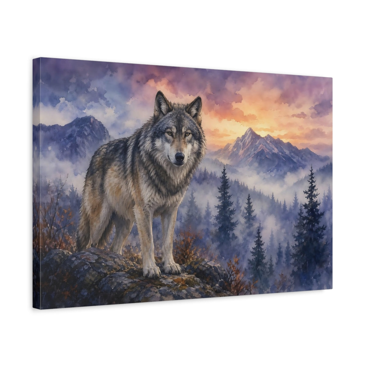 Side Mockup 3. Animals Wolf Wolf Forest Sunset shown as stretched canvas wall art