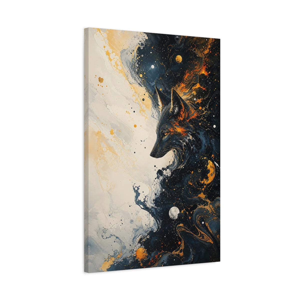 Side Mockup 2. Animals Wolf Gold And Black Abstract shown as stretched canvas wall art