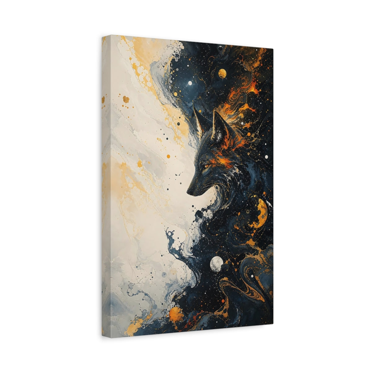 Side Mockup 4. Animals Wolf Gold And Black Abstract shown as stretched canvas wall art