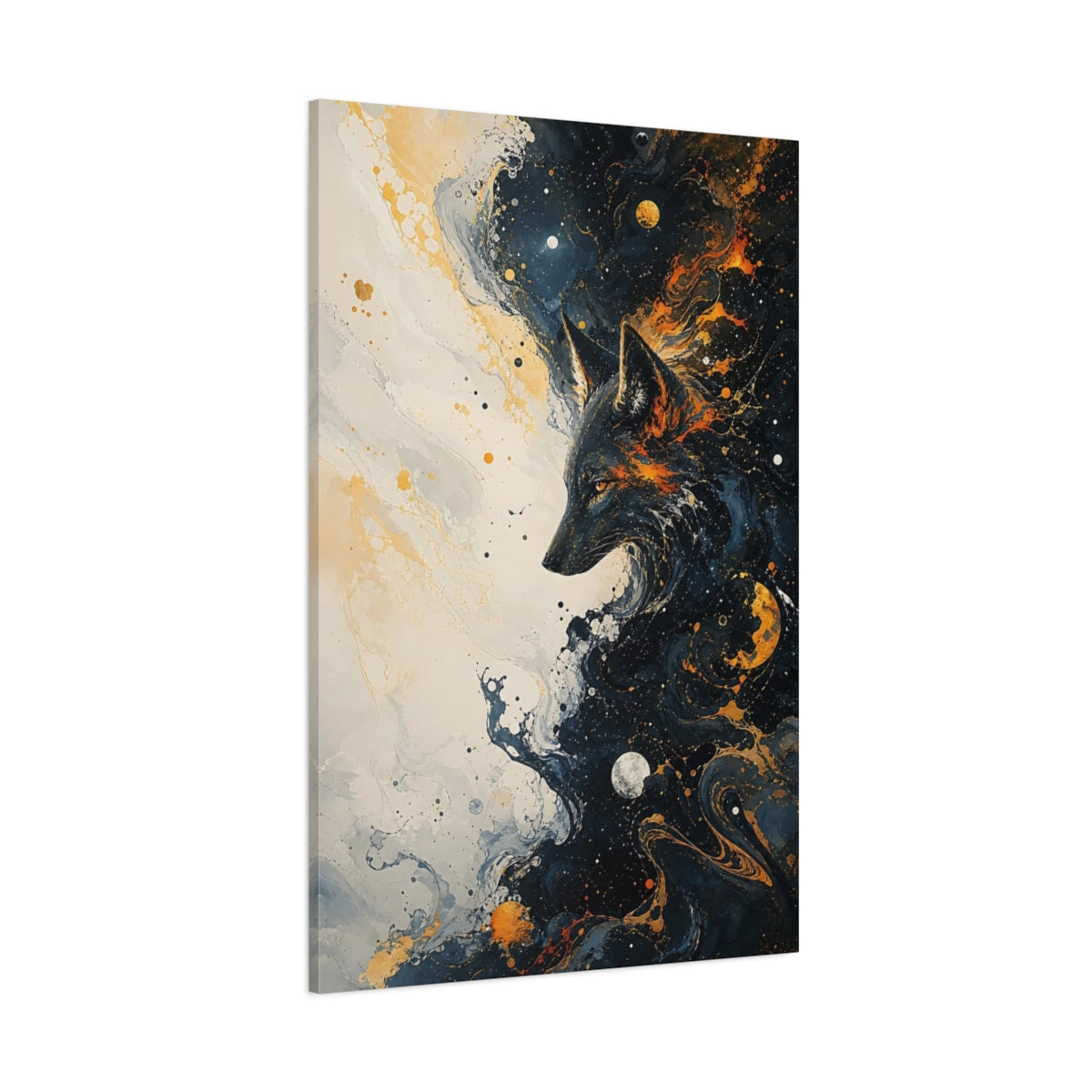 Side Mockup 1. Animals Wolf Gold And Black Abstract shown as stretched canvas wall art