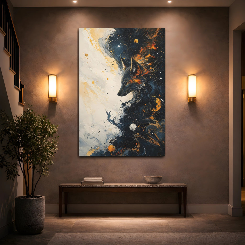Mockup 2. Animals Wolf Gold And Black Abstract shown as stretched canvas wall art