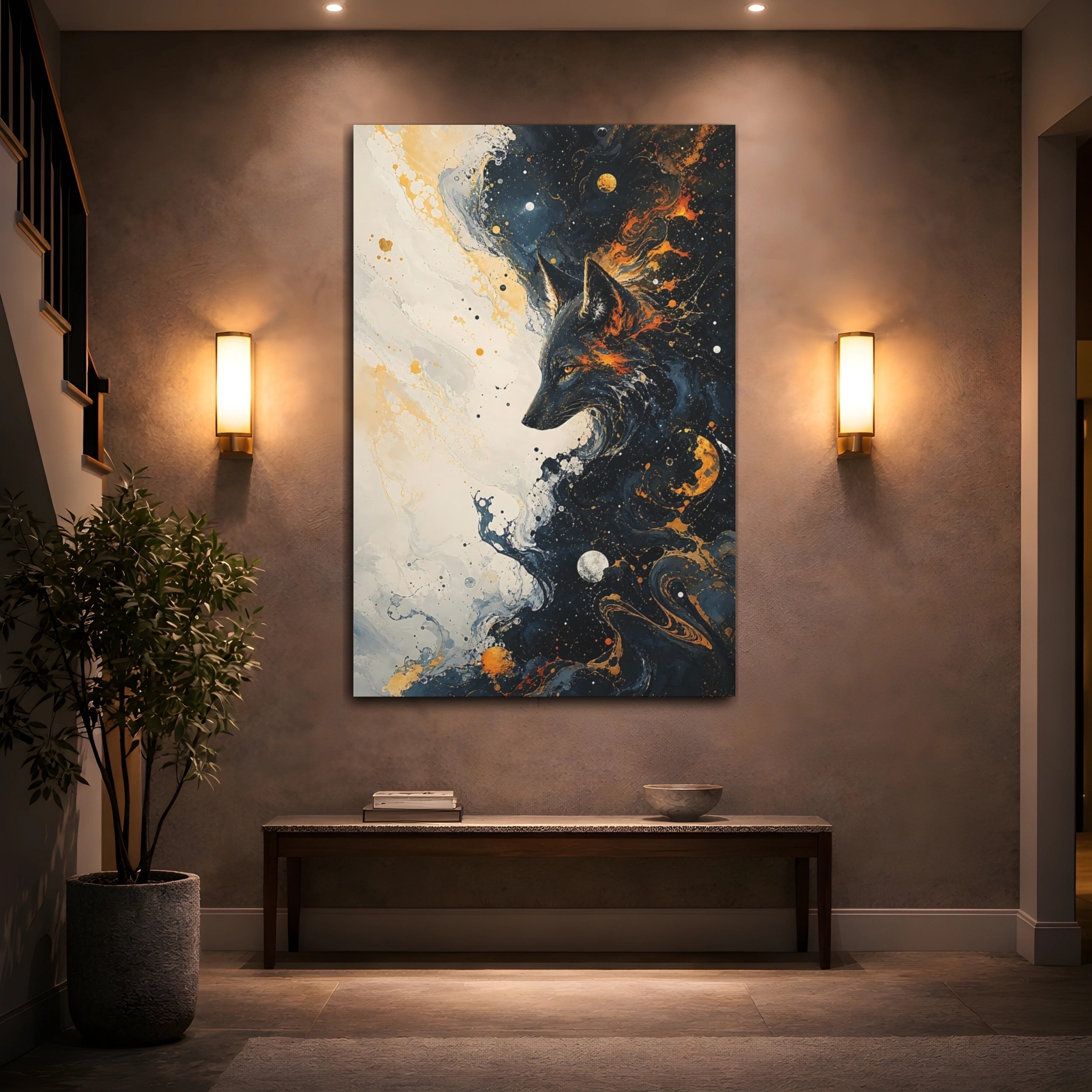 Mockup 2. Animals Wolf Gold And Black Abstract shown as stretched canvas wall art