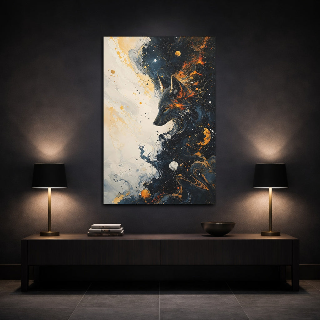Mockup 3. Animals Wolf Gold And Black Abstract shown as stretched canvas wall art