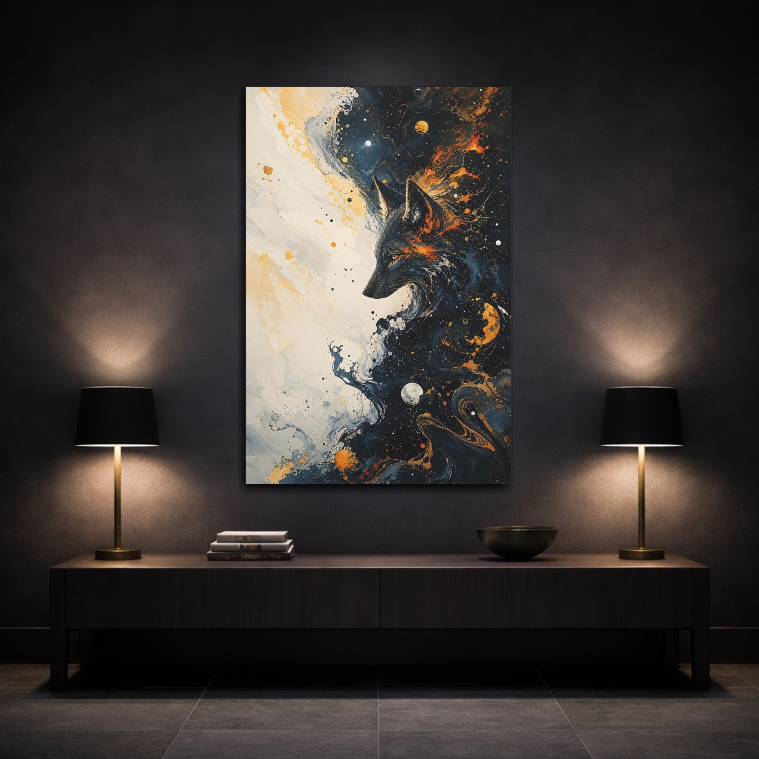 Mockup 3. Animals Wolf Gold And Black Abstract shown as stretched canvas wall art