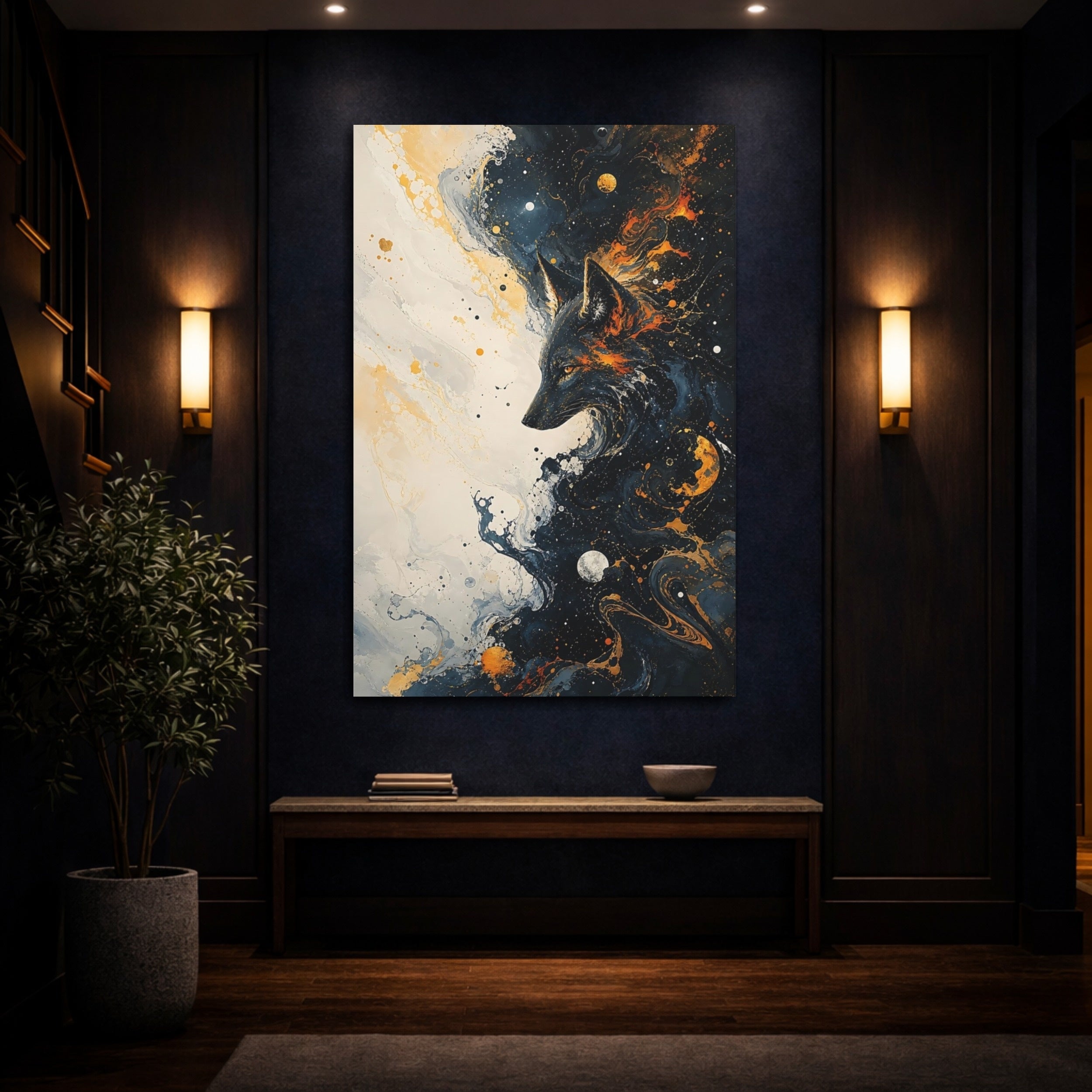 Mockup 4. Animals Wolf Gold And Black Abstract shown as stretched canvas wall art