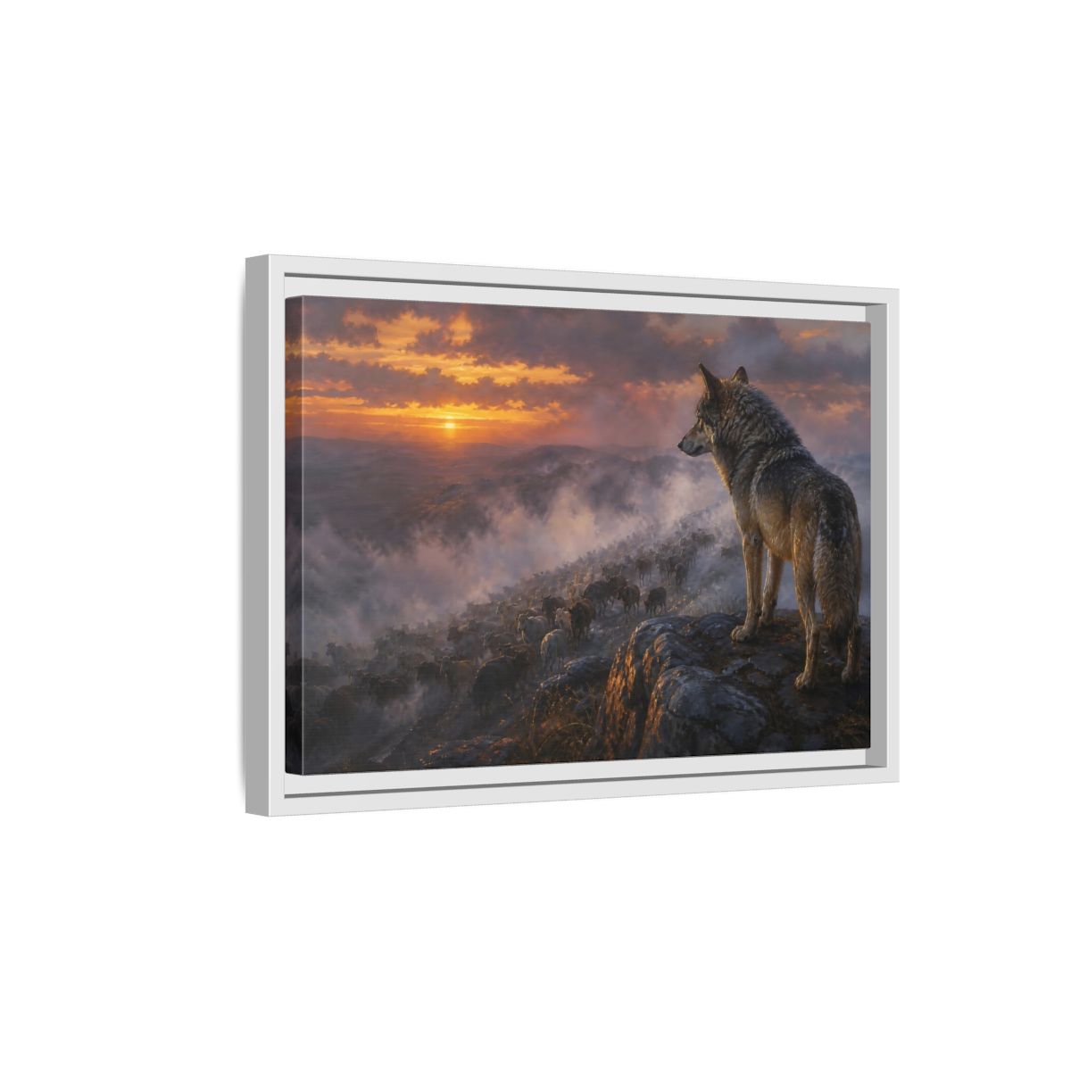 Side Mockup 4. Animals Wolf Orange And Gray shown as stretched canvas wall art
