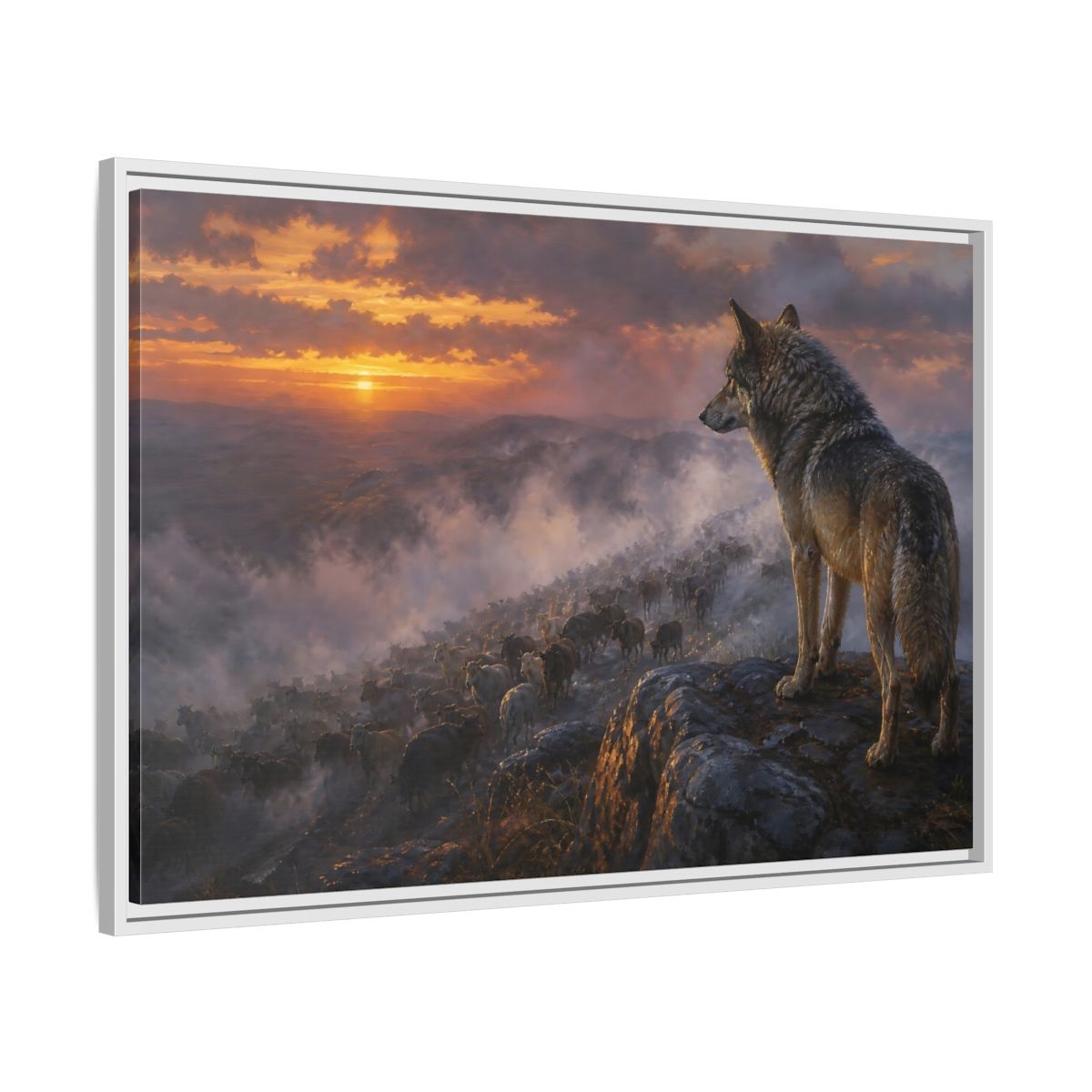 Side Mockup 9. Animals Wolf Orange And Gray shown as stretched canvas wall art