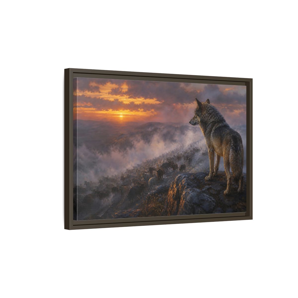 Side Mockup 2. Animals Wolf Orange And Gray shown as stretched canvas wall art