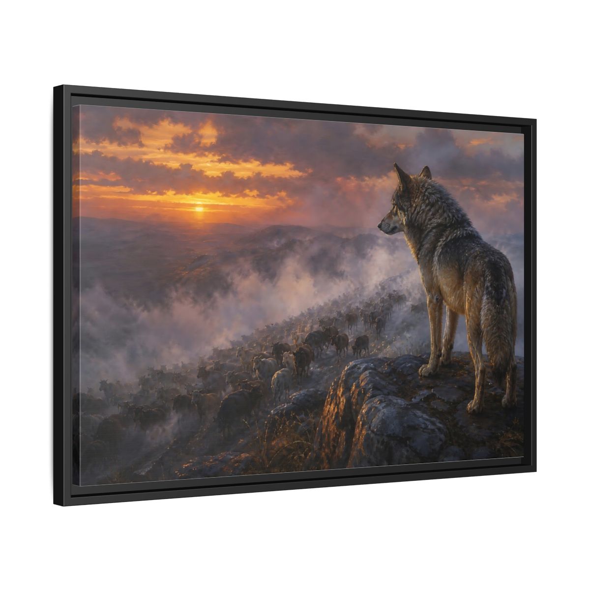 Side Mockup 14. Animals Wolf Orange And Gray shown as stretched canvas wall art