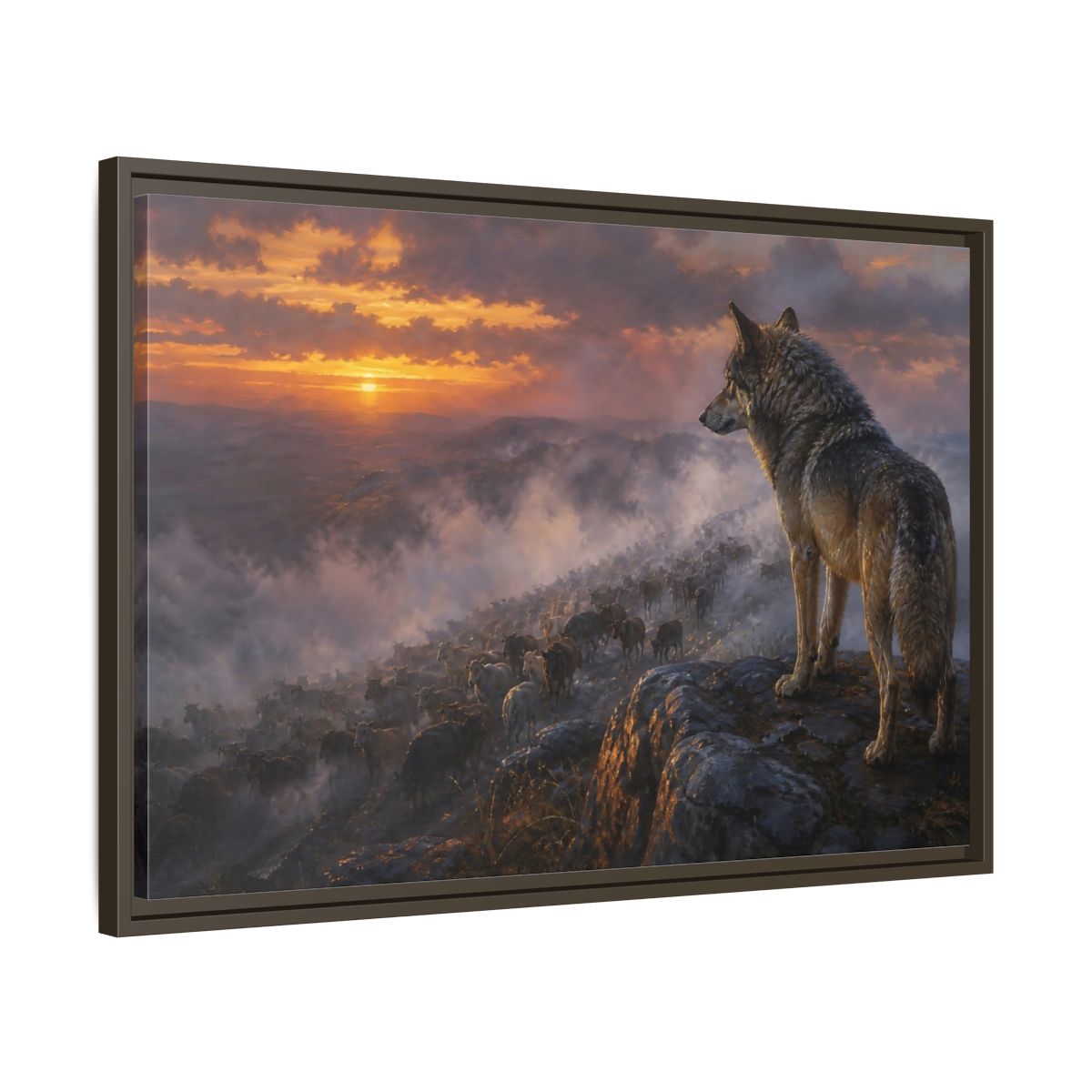 Side Mockup 11. Animals Wolf Orange And Gray shown as stretched canvas wall art