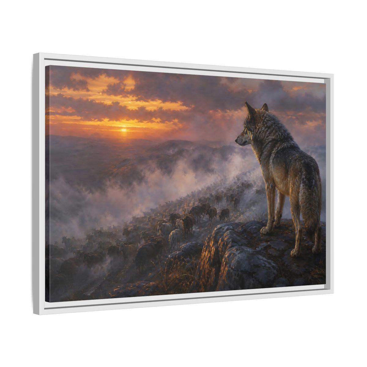 Side Mockup 10. Animals Wolf Orange And Gray shown as stretched canvas wall art