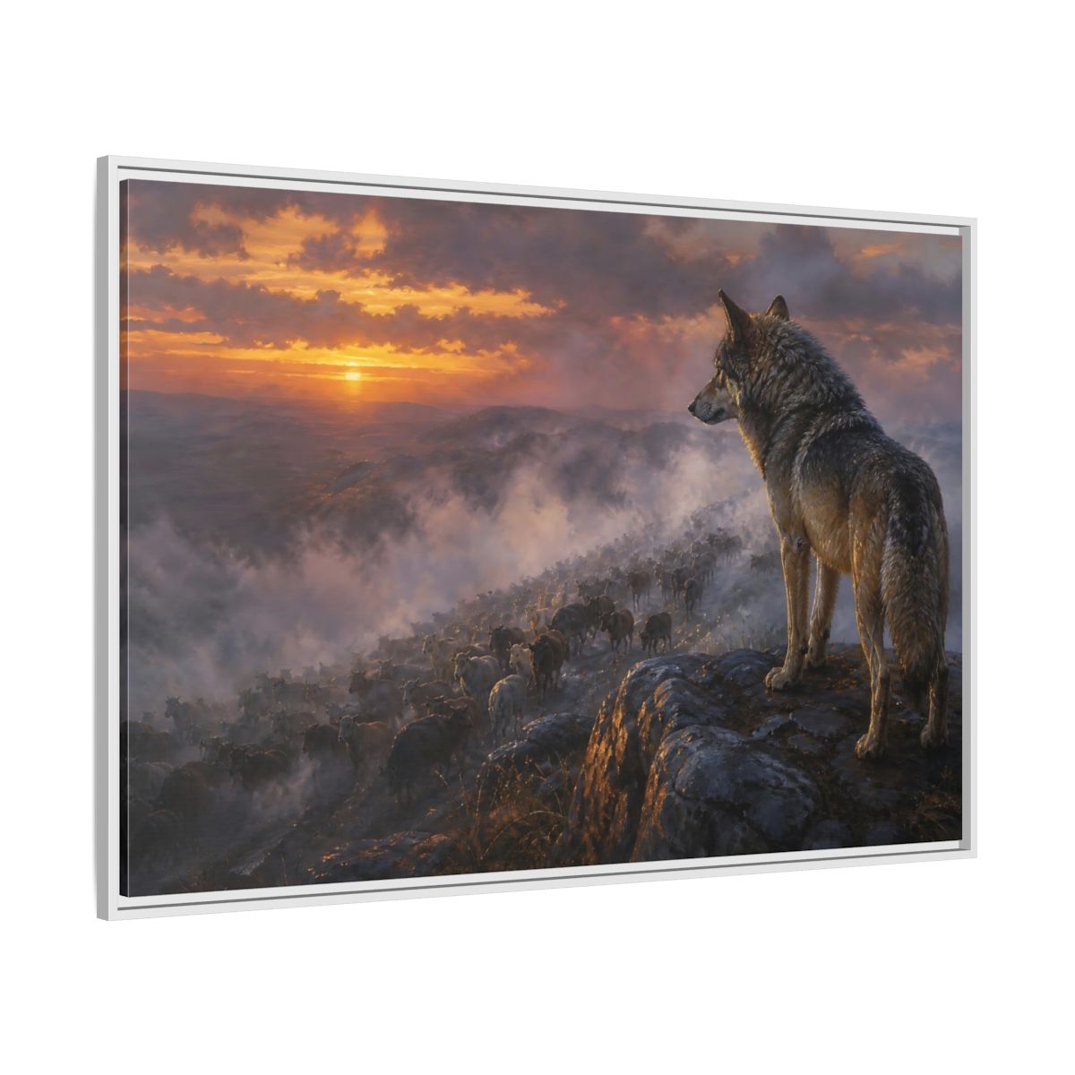 Side Mockup 7. Animals Wolf Orange And Gray shown as stretched canvas wall art