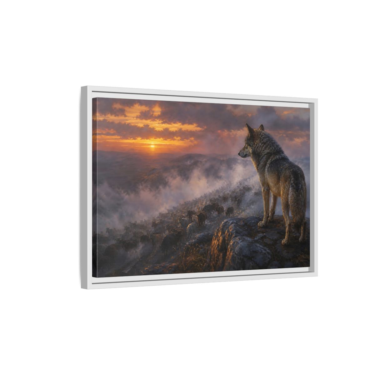 Side Mockup 1. Animals Wolf Orange And Gray shown as stretched canvas wall art