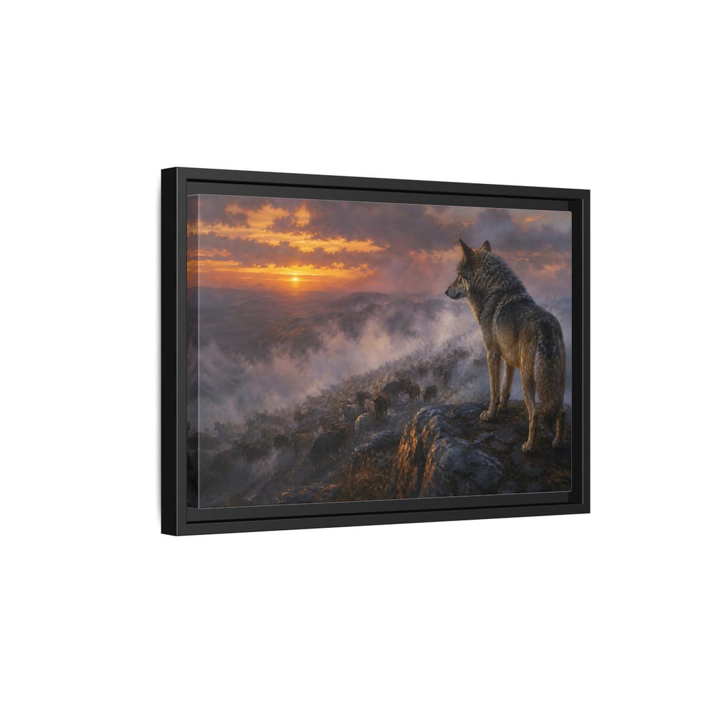 Side Mockup 6. Animals Wolf Orange And Gray shown as stretched canvas wall art