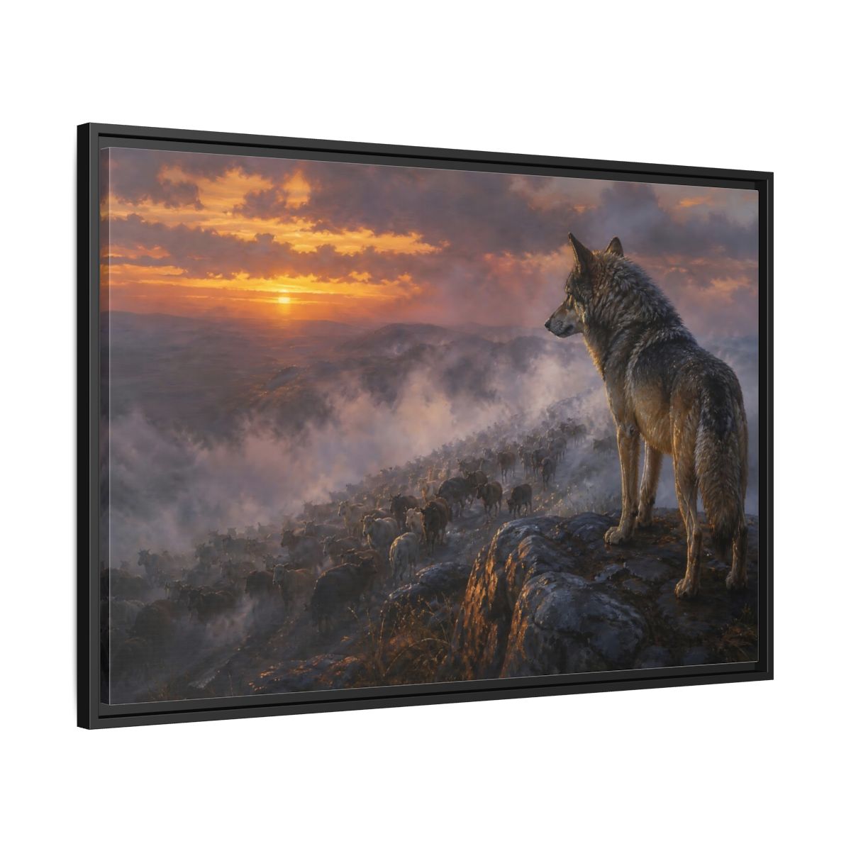 Side Mockup 13. Animals Wolf Orange And Gray shown as stretched canvas wall art