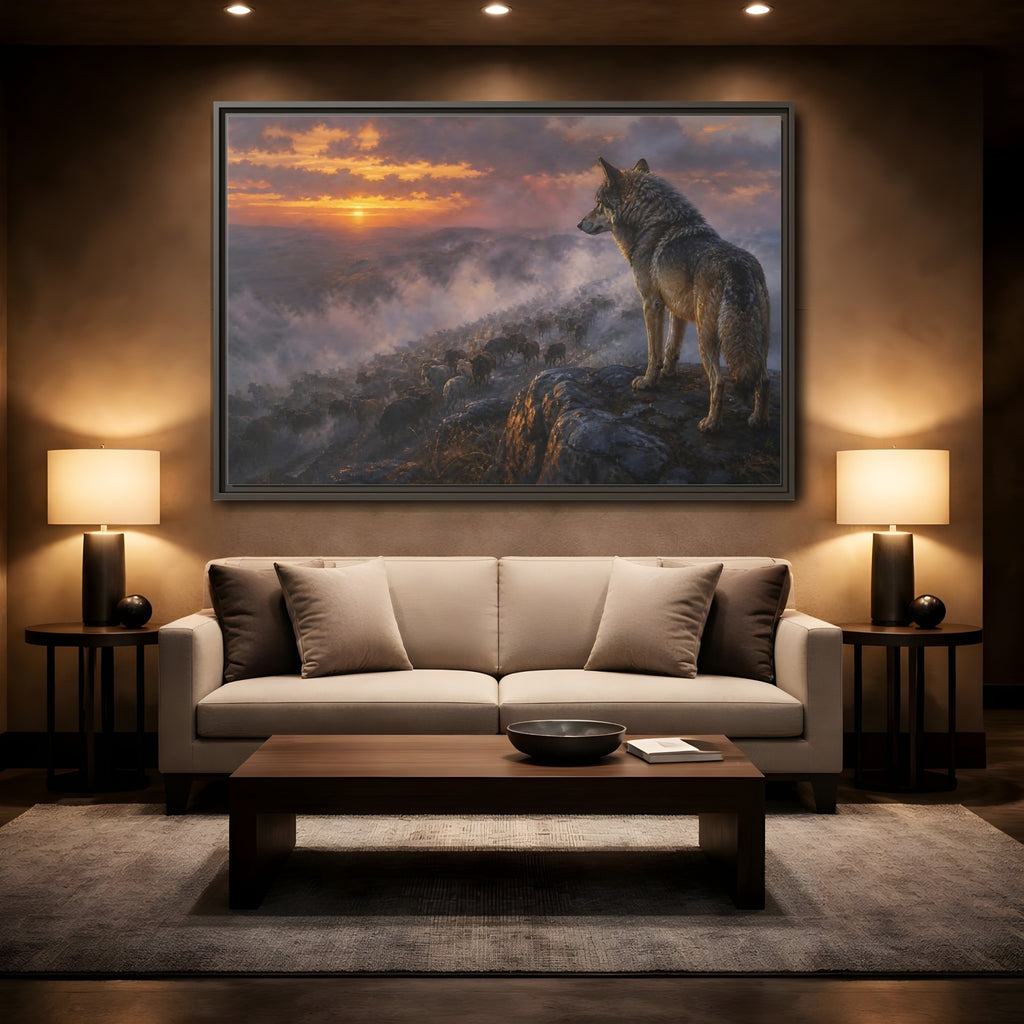 Mockup 2. Animals Wolf Orange And Gray shown as stretched canvas wall art
