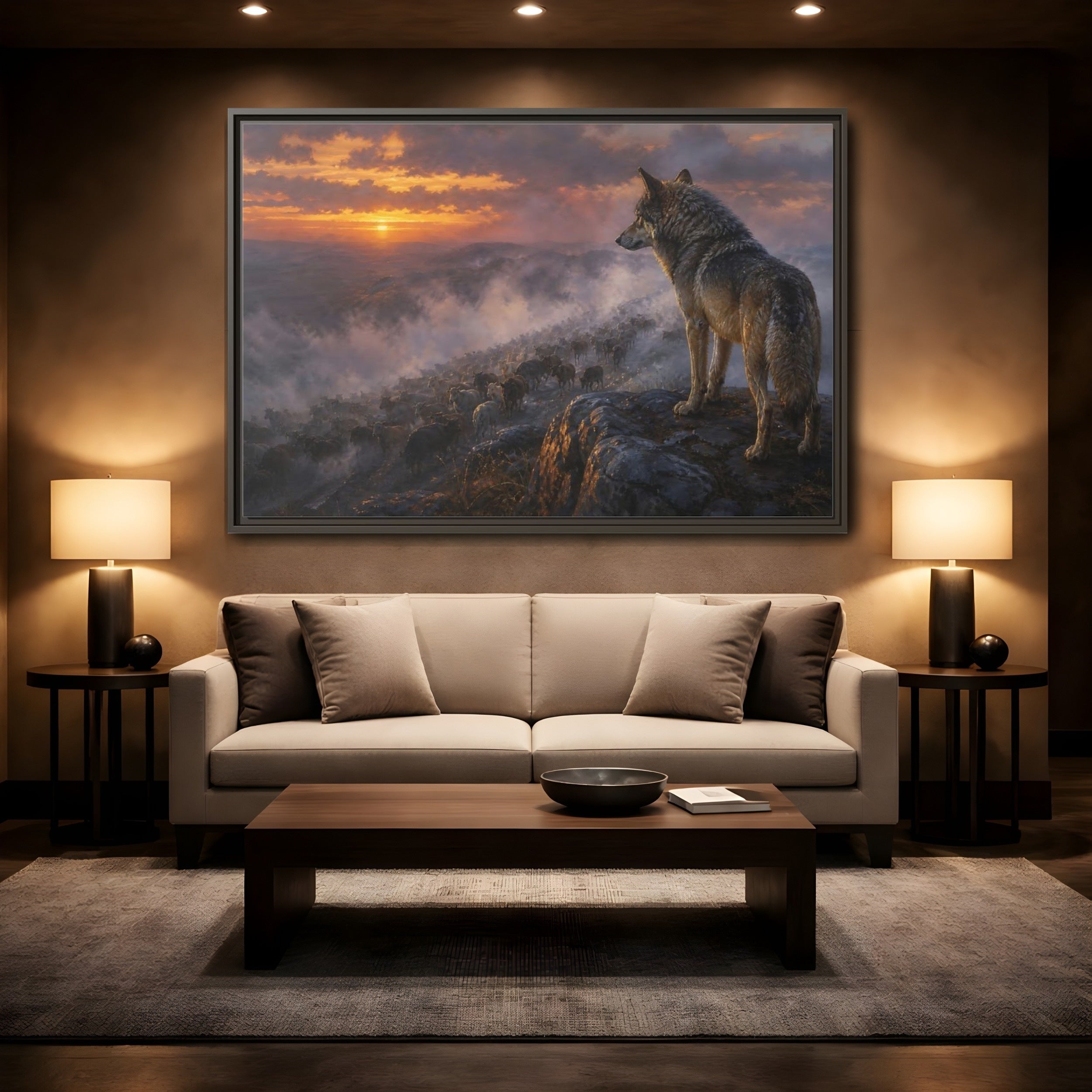 Mockup 2. Animals Wolf Orange And Gray shown as stretched canvas wall art