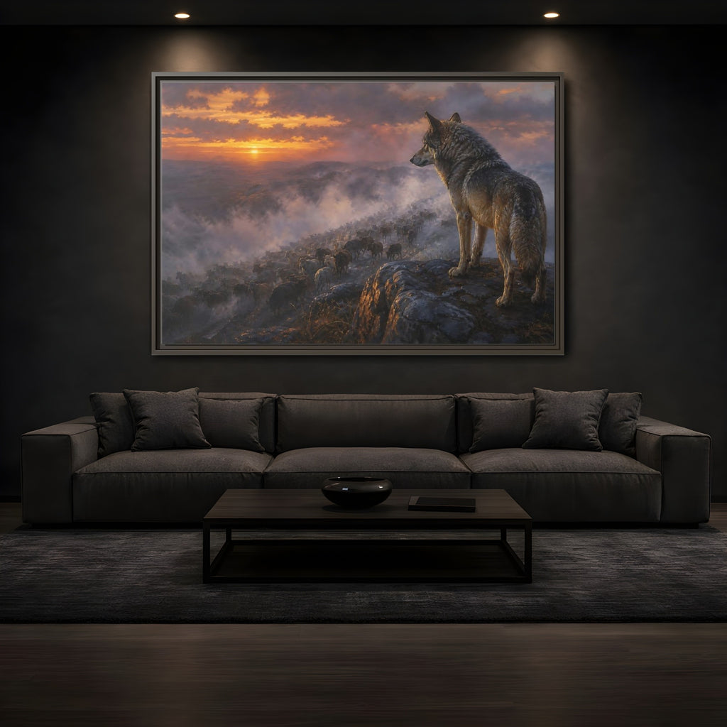 Mockup 3. Animals Wolf Orange And Gray shown as stretched canvas wall art