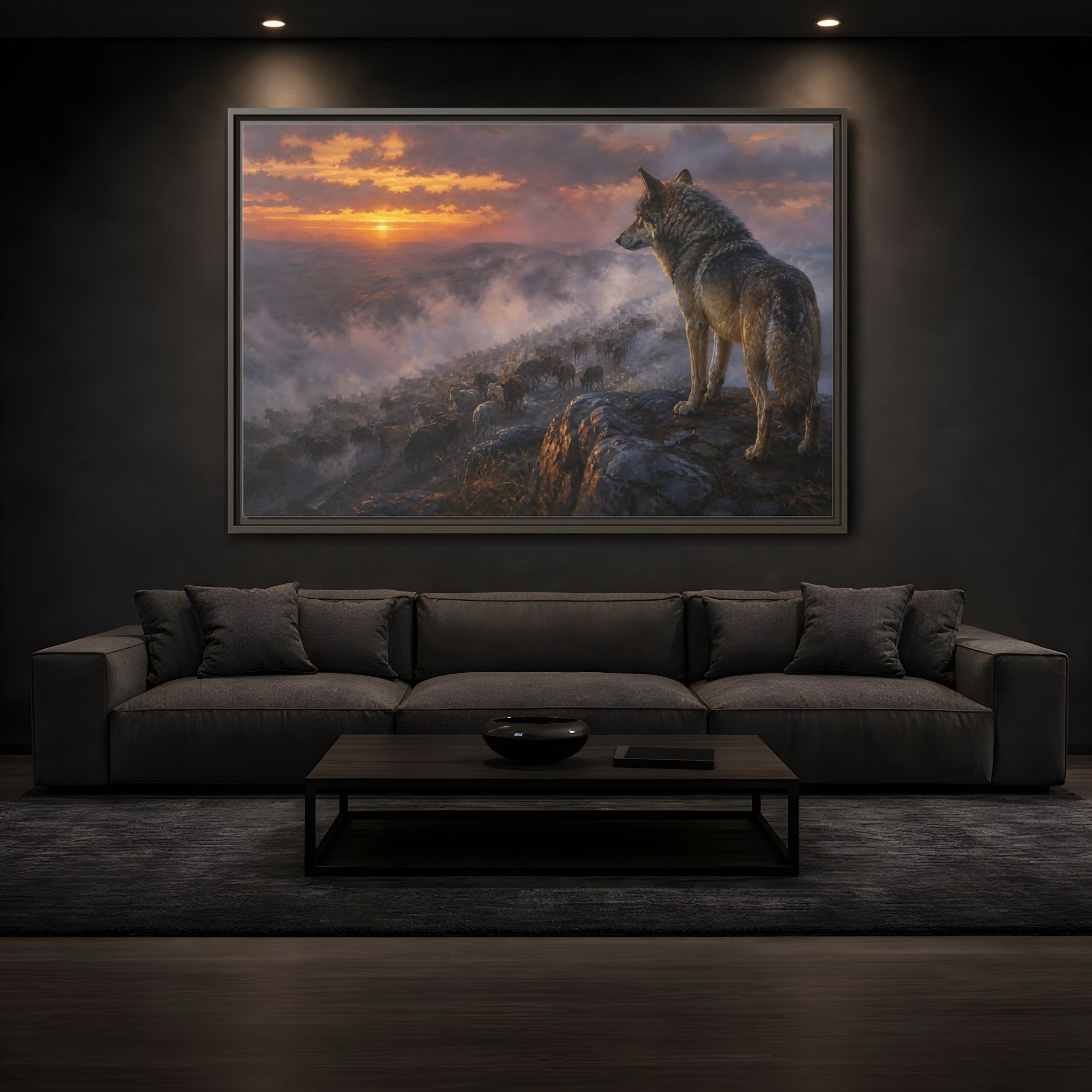 Mockup 3. Animals Wolf Orange And Gray shown as stretched canvas wall art