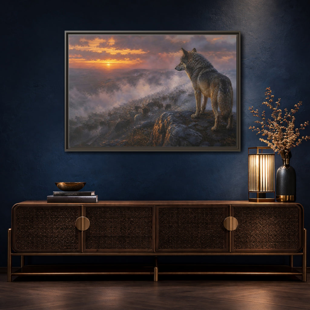 Mockup 4. Animals Wolf Orange And Gray shown as stretched canvas wall art