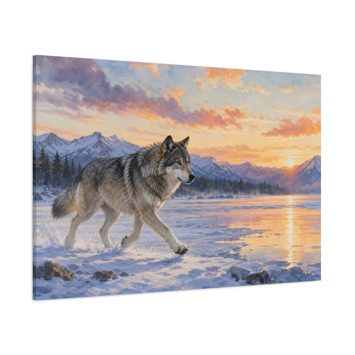 Side Mockup 1. Animals Wolf Sunset Wolf shown as canvas print