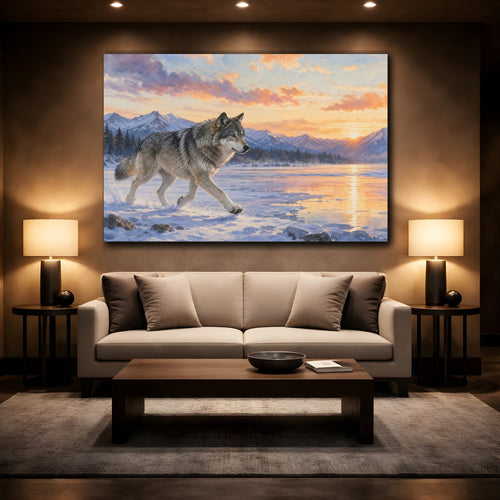 Mockup 2. Animals Wolf Sunset Wolf shown as canvas print
