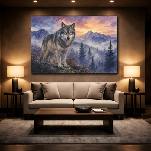 Mockup 2. Animals Wolf Wolf Forest Sunset shown as stretched canvas wall art