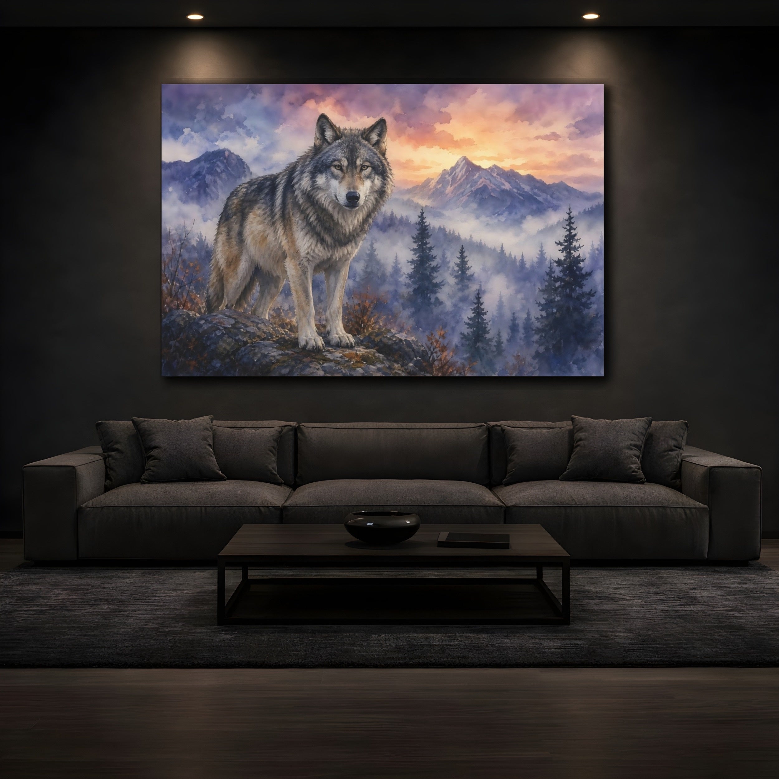 Mockup 3. Animals Wolf Wolf Forest Sunset shown as stretched canvas wall art