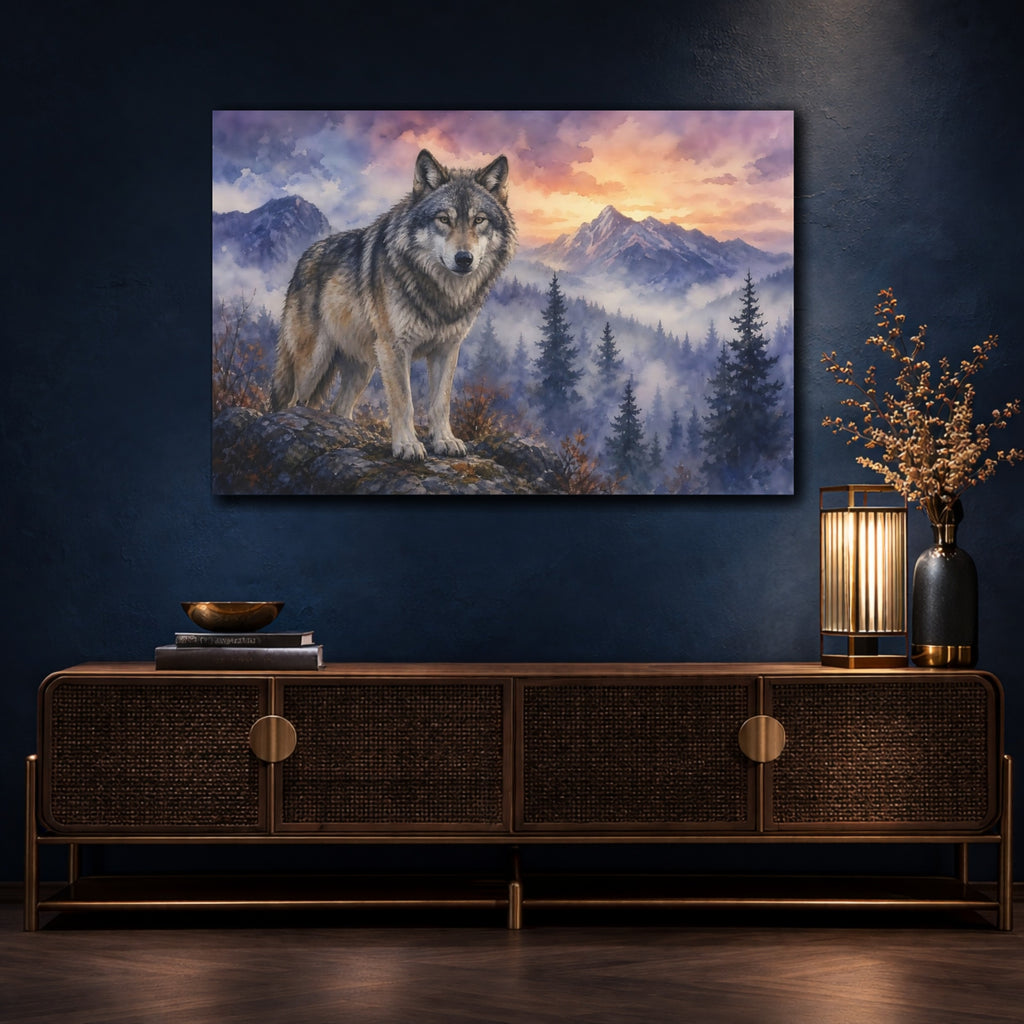 Mockup 4. Animals Wolf Wolf Forest Sunset shown as stretched canvas wall art