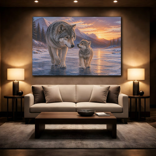Mockup 2. Animals Wolves Gray Wolf Sunset shown as canvas print
