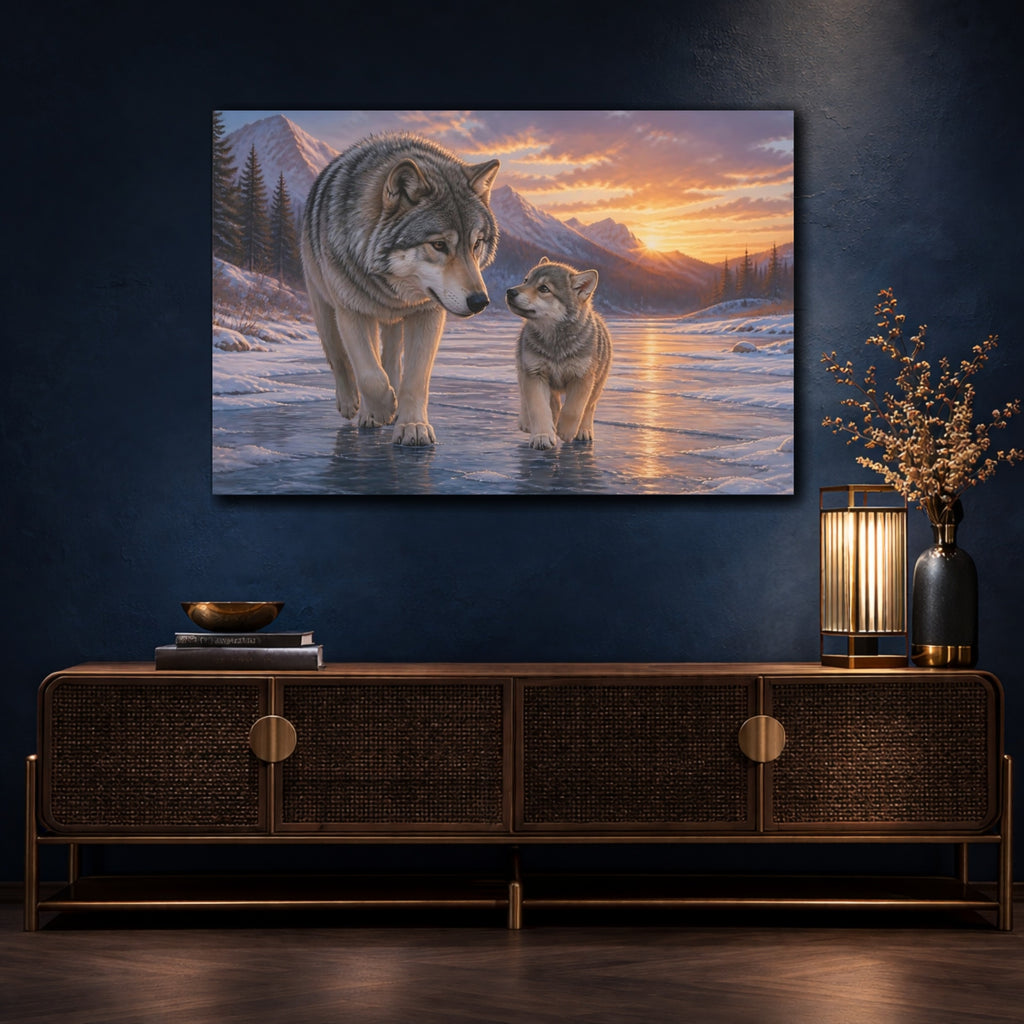 Mockup 4. Animals Wolves Gray Wolf Sunset shown as canvas print