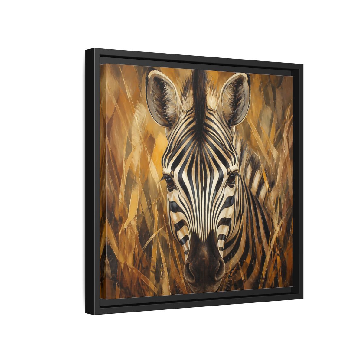 Side Mockup 15. Animals Zebra Zebra Black And Gold shown as stretched canvas wall art