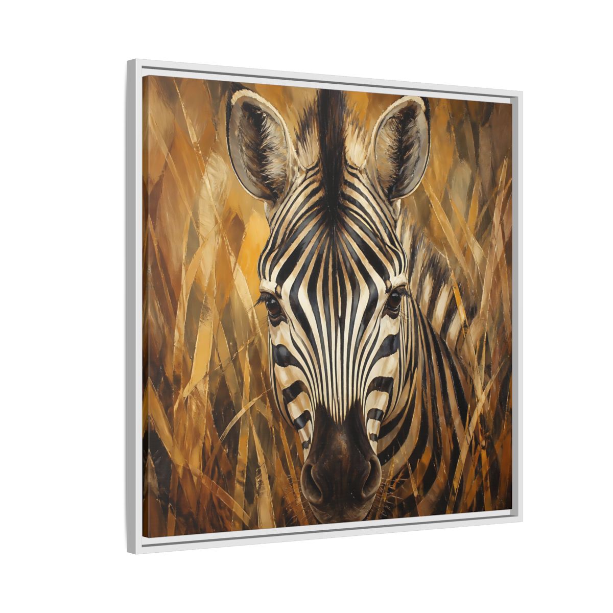 Side Mockup 7. Animals Zebra Zebra Black And Gold shown as stretched canvas wall art