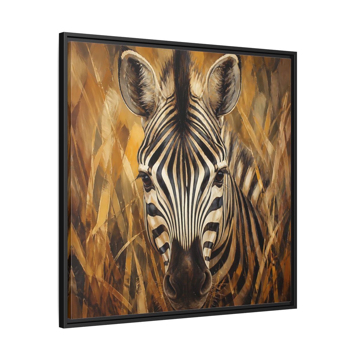 Side Mockup 30. Animals Zebra Zebra Black And Gold shown as stretched canvas wall art