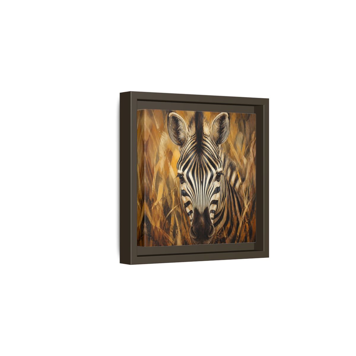 Side Mockup 2. Animals Zebra Zebra Black And Gold shown as stretched canvas wall art
