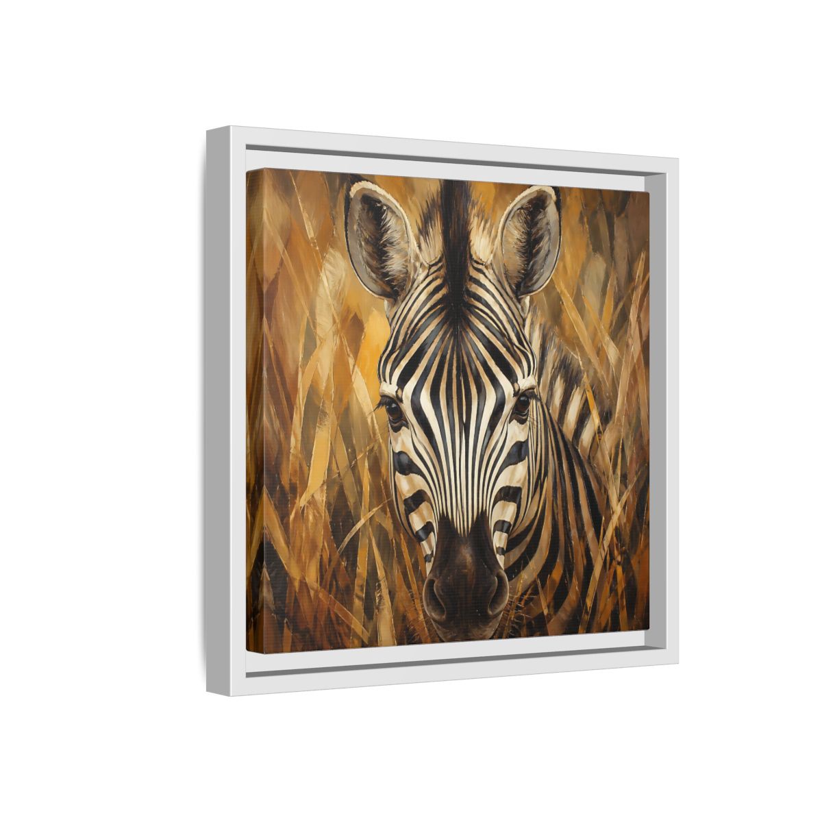 Side Mockup 16. Animals Zebra Zebra Black And Gold shown as stretched canvas wall art