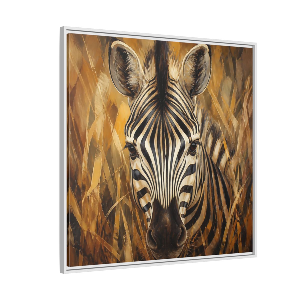 Side Mockup 4. Animals Zebra Zebra Black And Gold shown as stretched canvas wall art