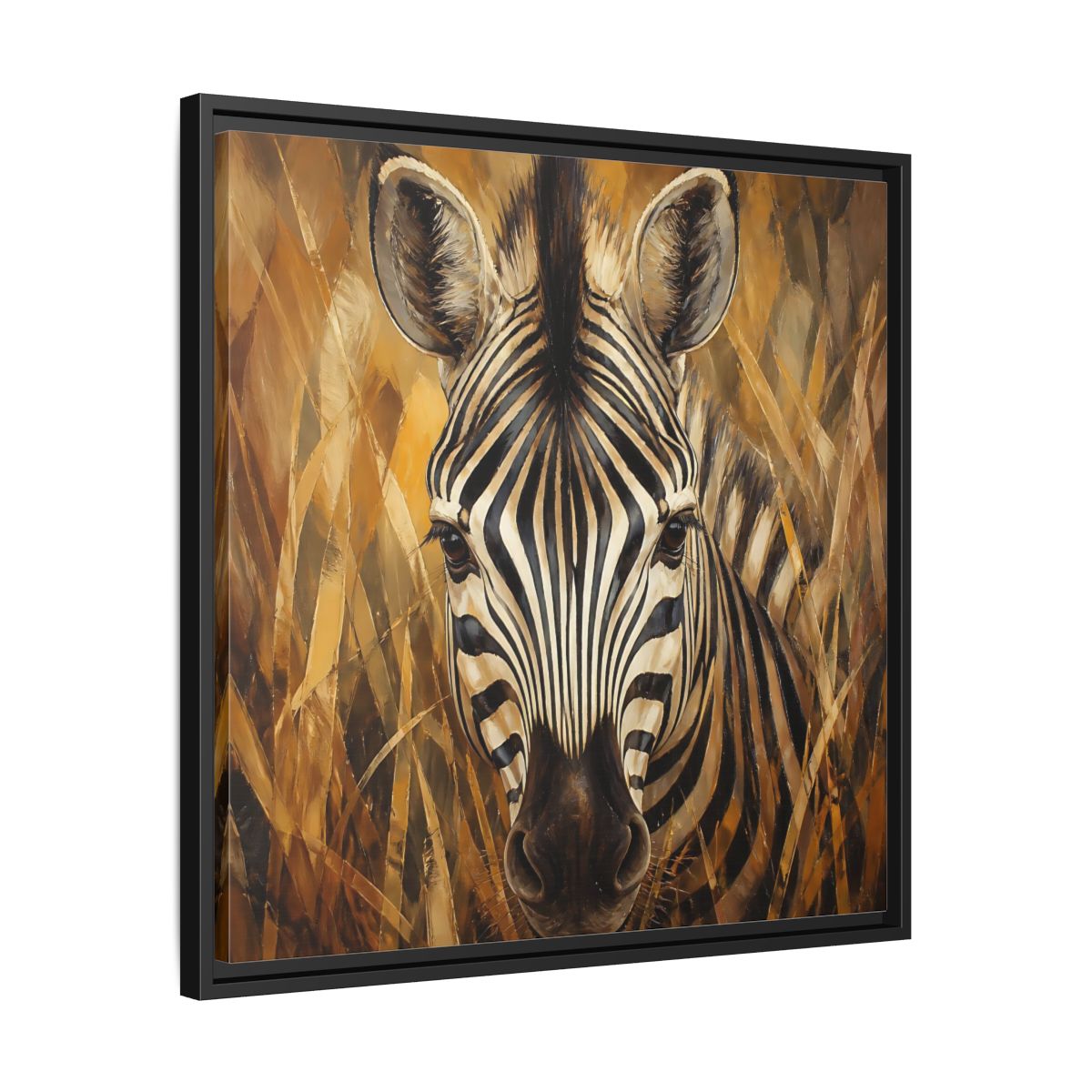 Side Mockup 31. Animals Zebra Zebra Black And Gold shown as stretched canvas wall art