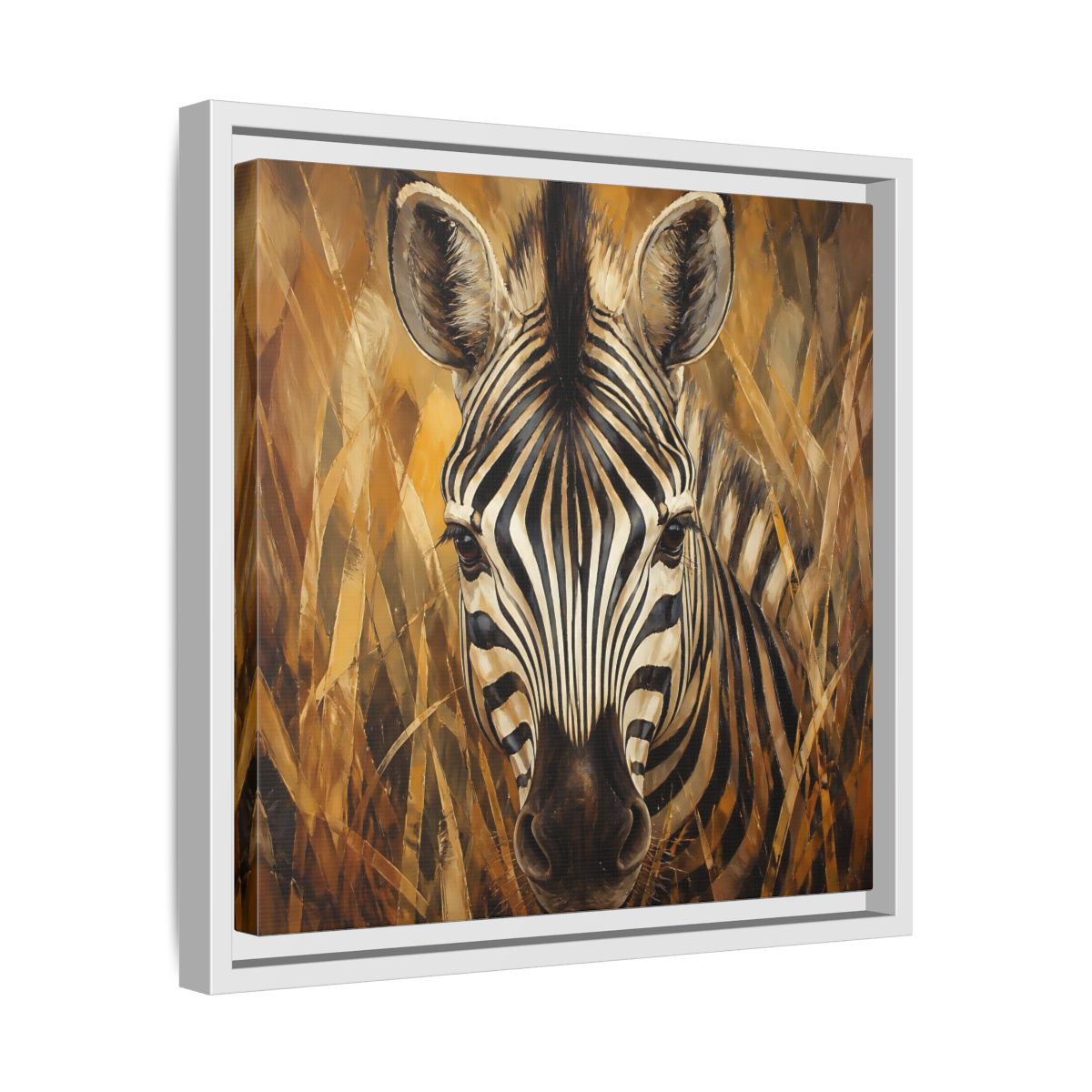 Side Mockup 28. Animals Zebra Zebra Black And Gold shown as stretched canvas wall art
