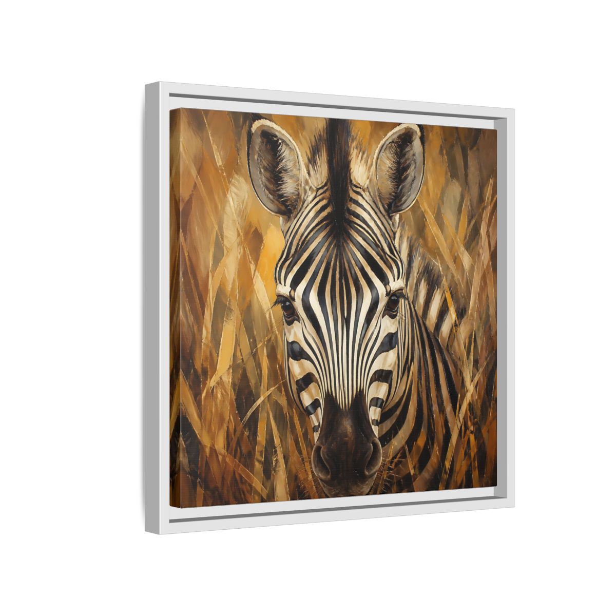 Side Mockup 13. Animals Zebra Zebra Black And Gold shown as stretched canvas wall art