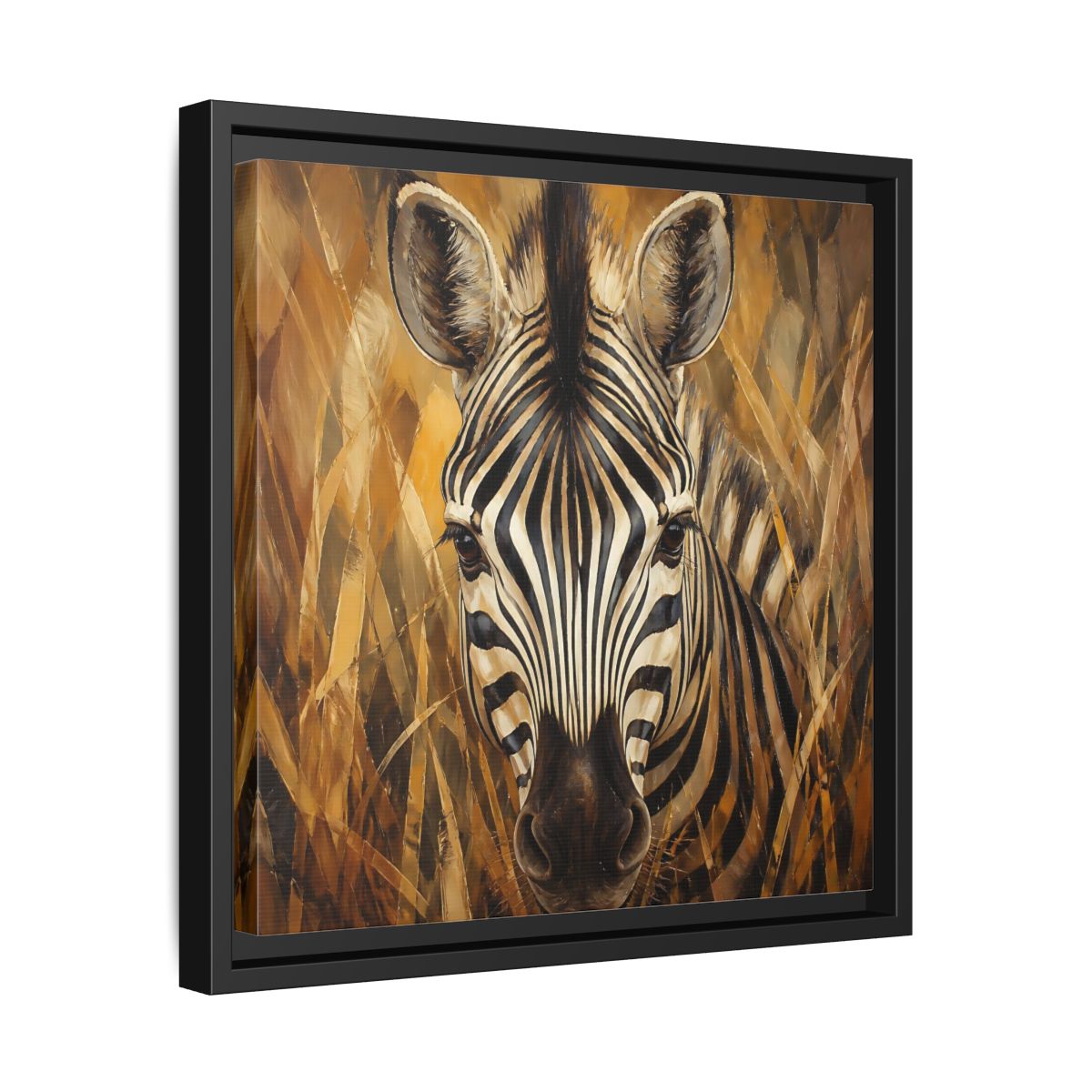Side Mockup 32. Animals Zebra Zebra Black And Gold shown as stretched canvas wall art