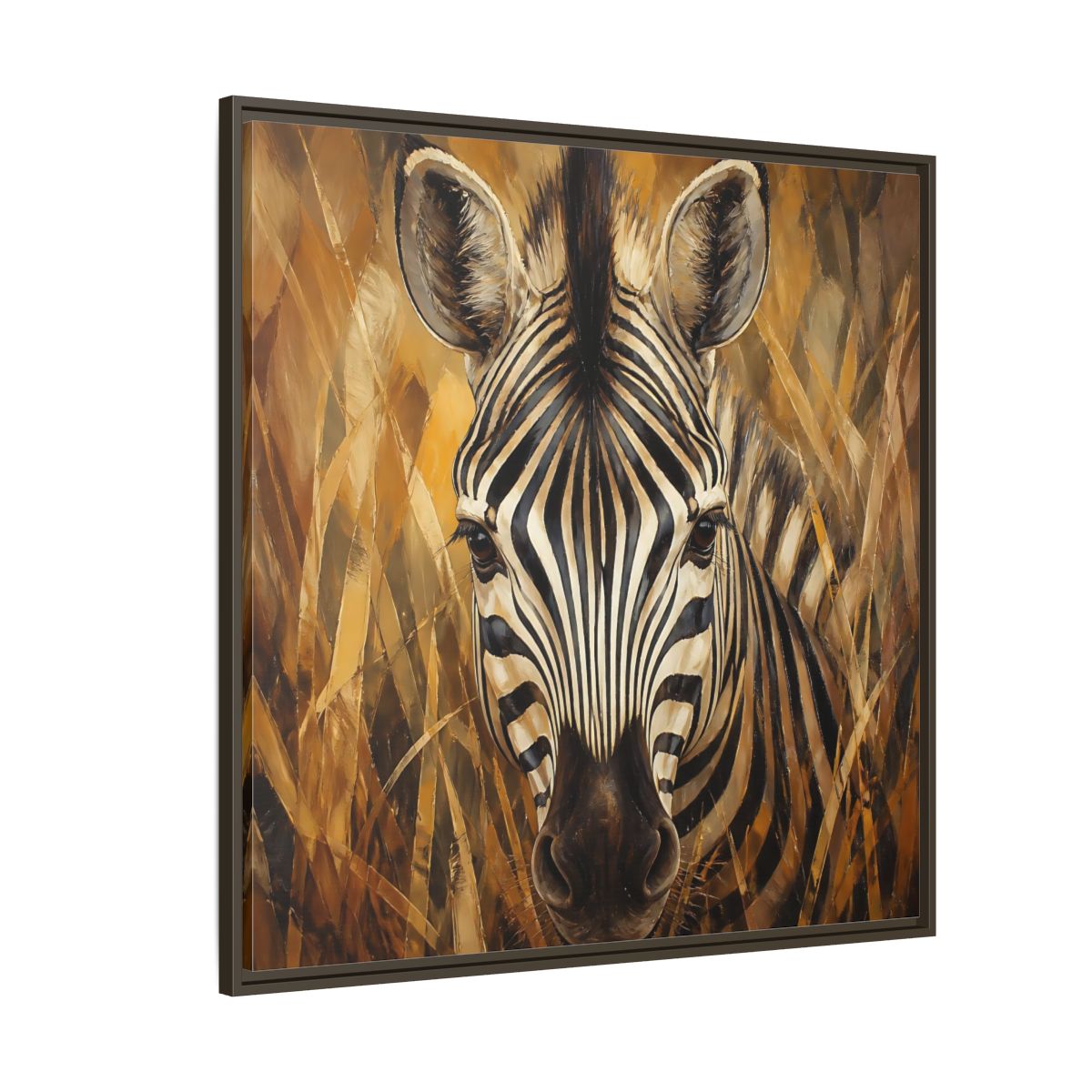 Side Mockup 5. Animals Zebra Zebra Black And Gold shown as stretched canvas wall art
