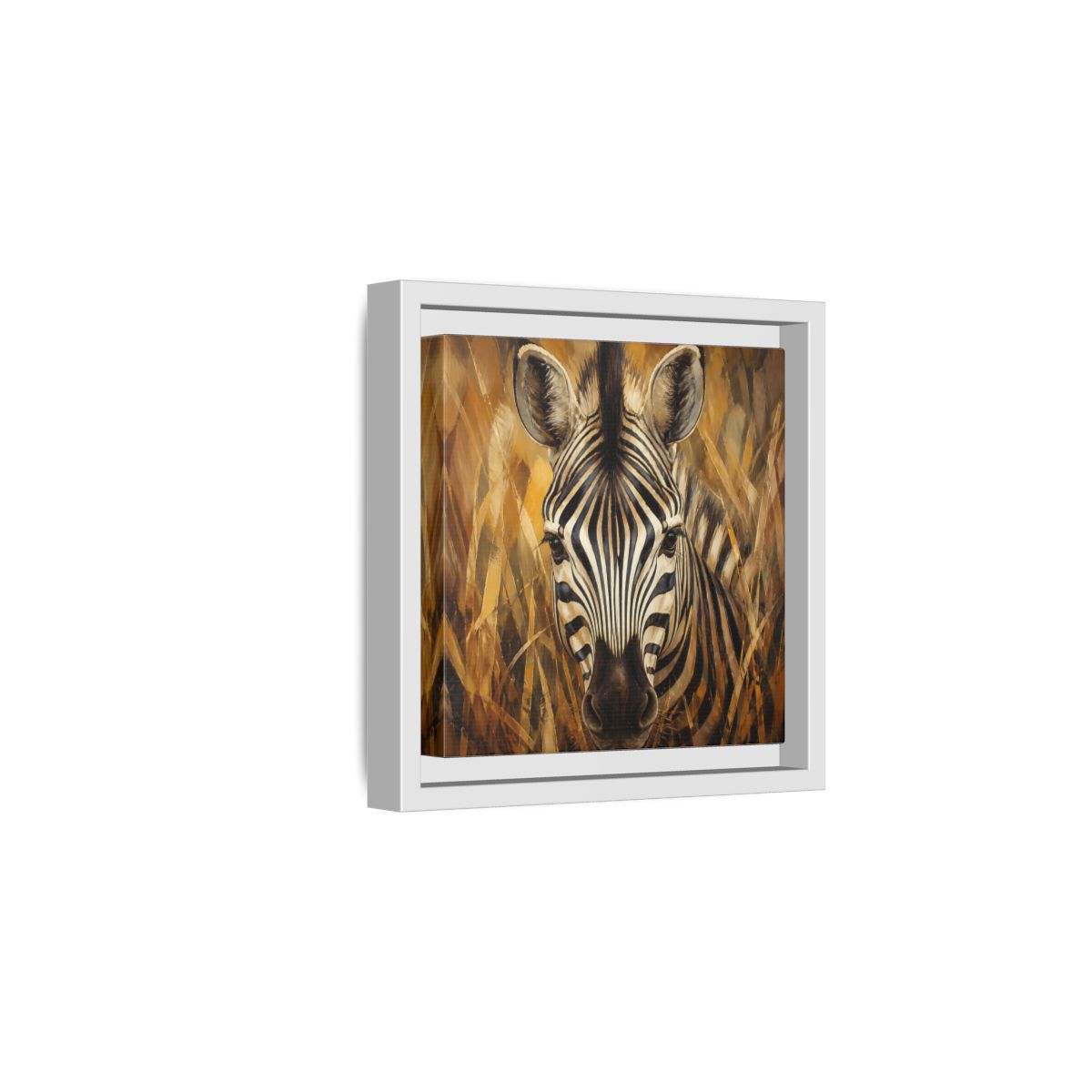 Side Mockup 1. Animals Zebra Zebra Black And Gold shown as stretched canvas wall art