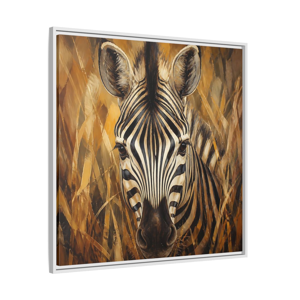 Side Mockup 25. Animals Zebra Zebra Black And Gold shown as stretched canvas wall art