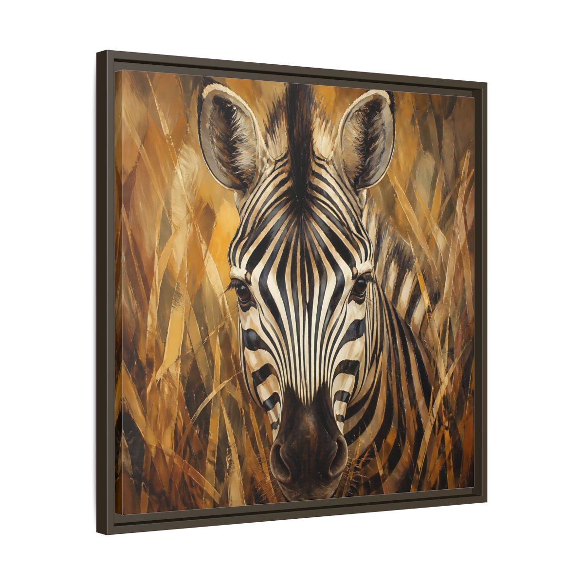 Side Mockup 27. Animals Zebra Zebra Black And Gold shown as stretched canvas wall art